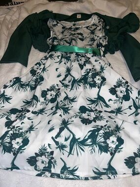 Green Floral Fit-and-Flare Dress with Satin Belt